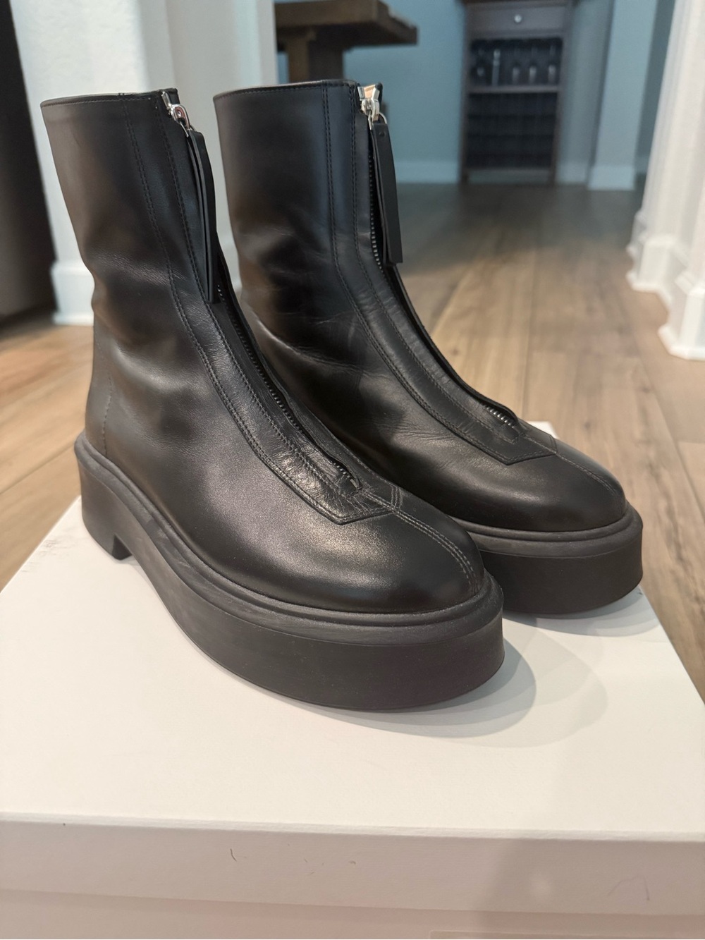 The Row Black Front-Zip Platform Ankle Boots